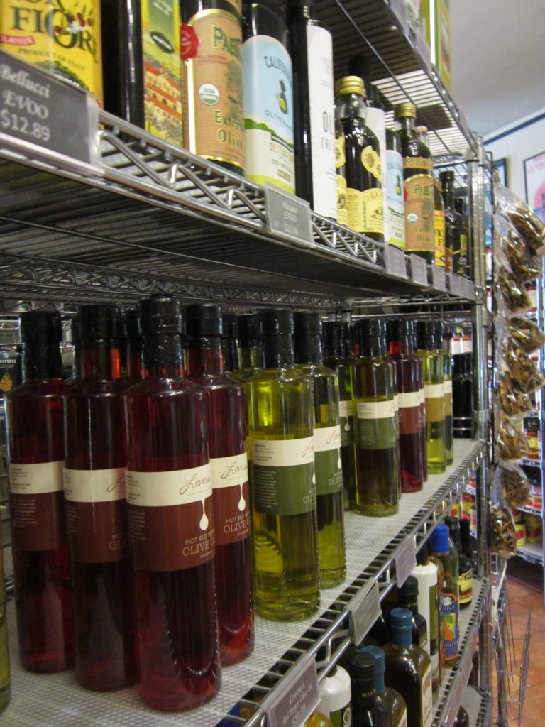 shelves of olive oils sold at Lovera's 