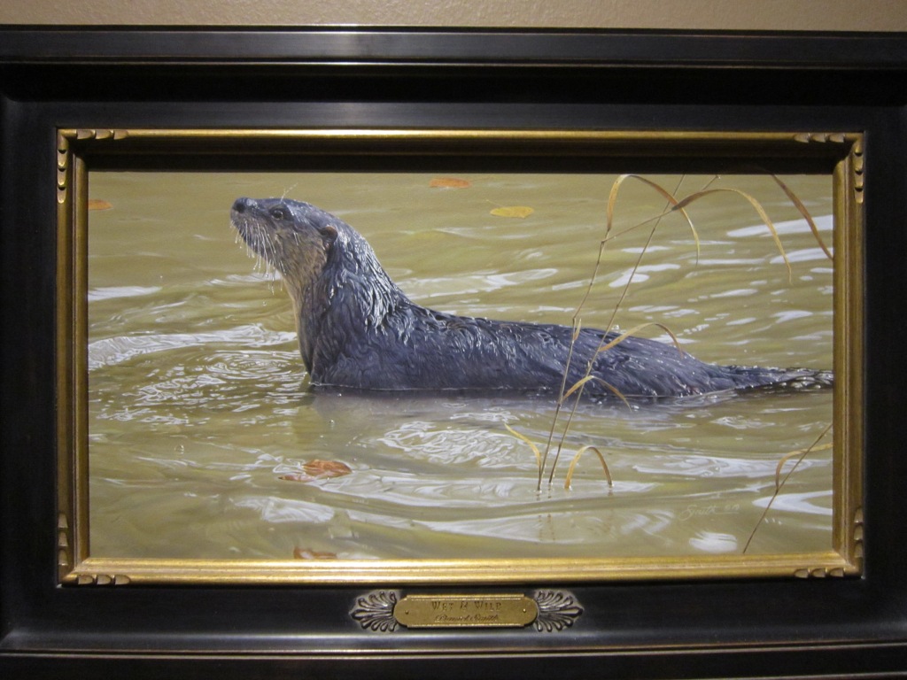 a painting of a brown otter swims in the water